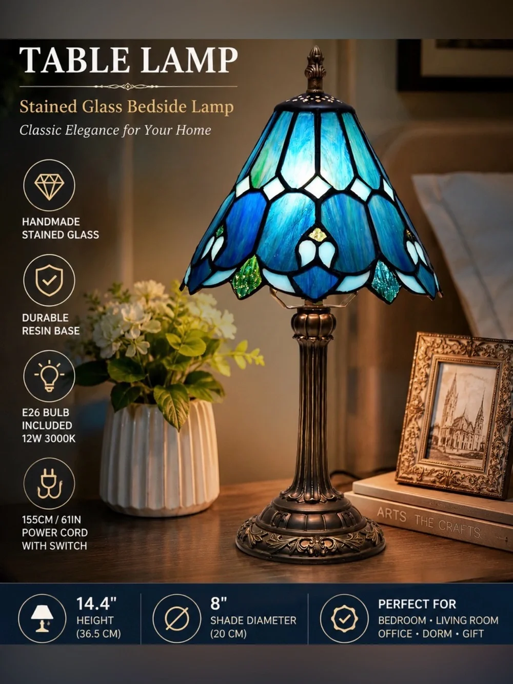 Vintage Style Blue Stained Glass Table Lamp Bedside Desk Lamp